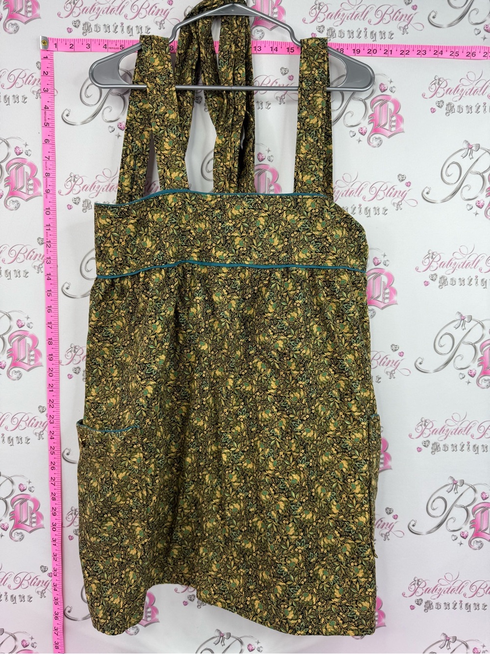 Apron tie up mini dress Floral Mini Pinafore Dress in Olive Green